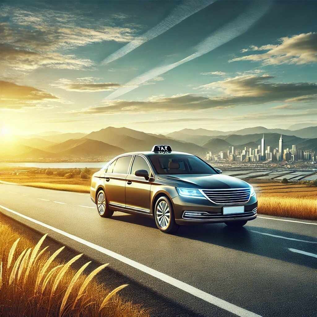 White sedan taxi at sunset