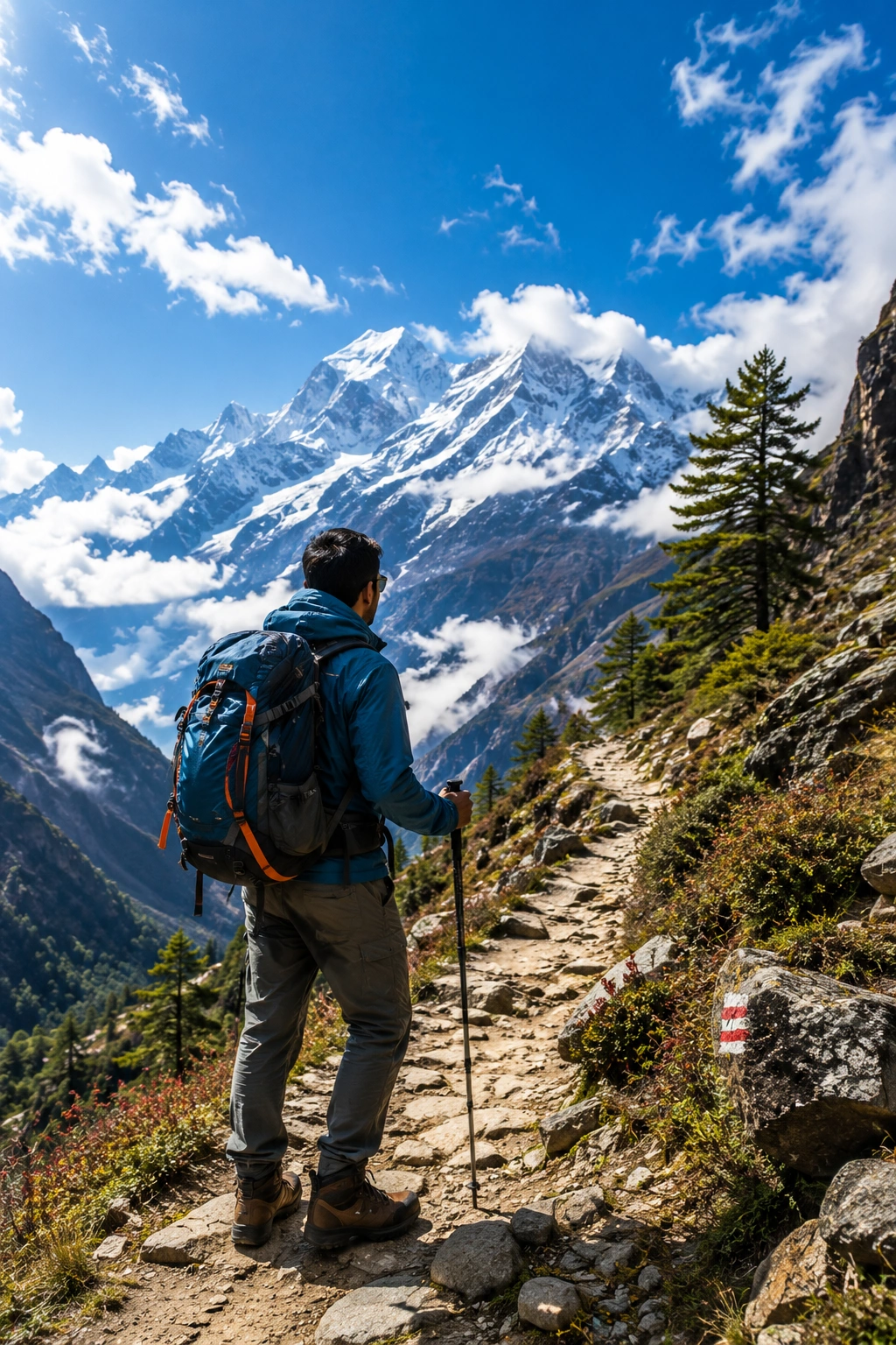 Trekker on a mountain adventure trail