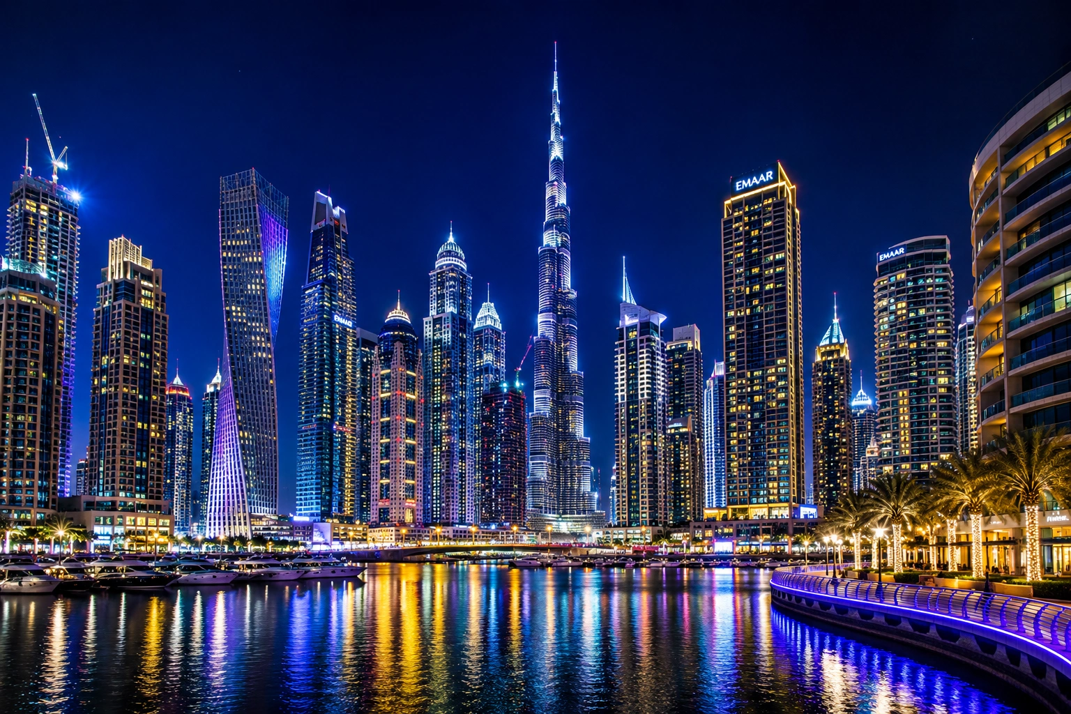 Dubai skyline at night with skyscrapers