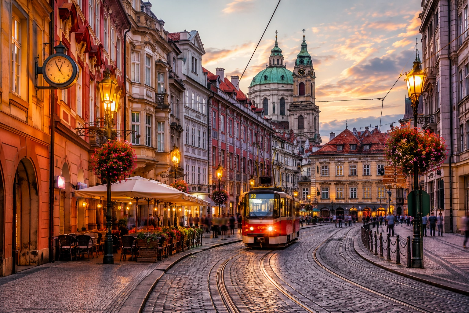 Iconic European city street with historic architecture