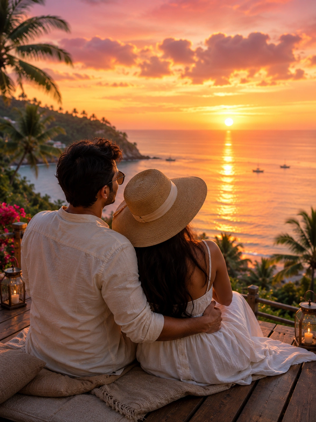Couple watching the sunset on honeymoon