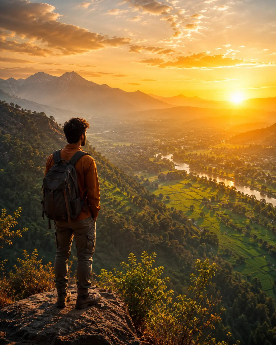 Traveller overlooking a scenic Indian valley at golden hour
